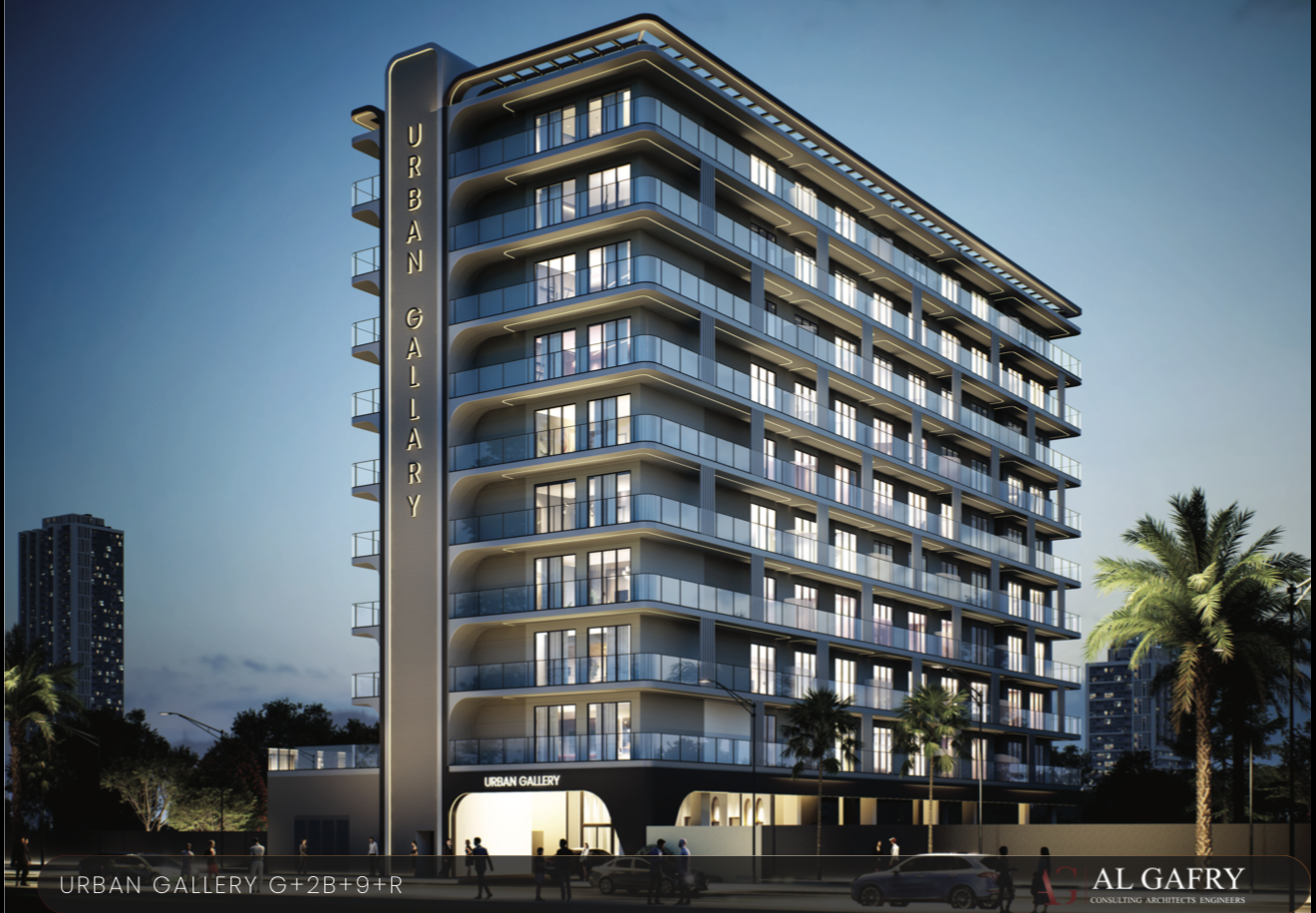 Majan G+9 residential apartments, Dubai architectural render at dusk