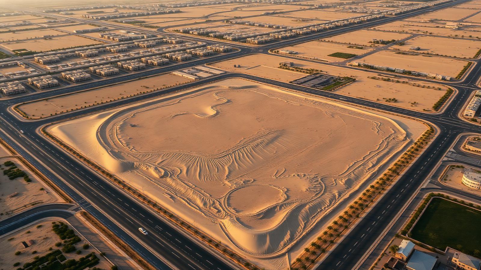 Aerial view of a residential land parcel in a Dubai freehold corridor