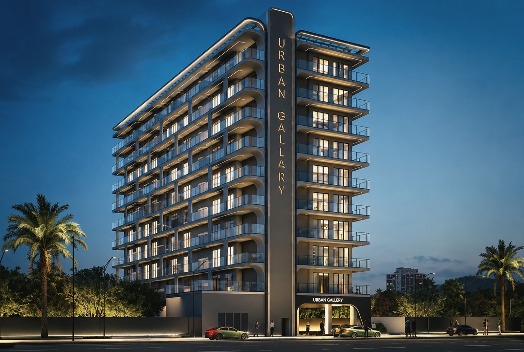 Majan G+9 residential apartments, Dubai architectural render at dusk