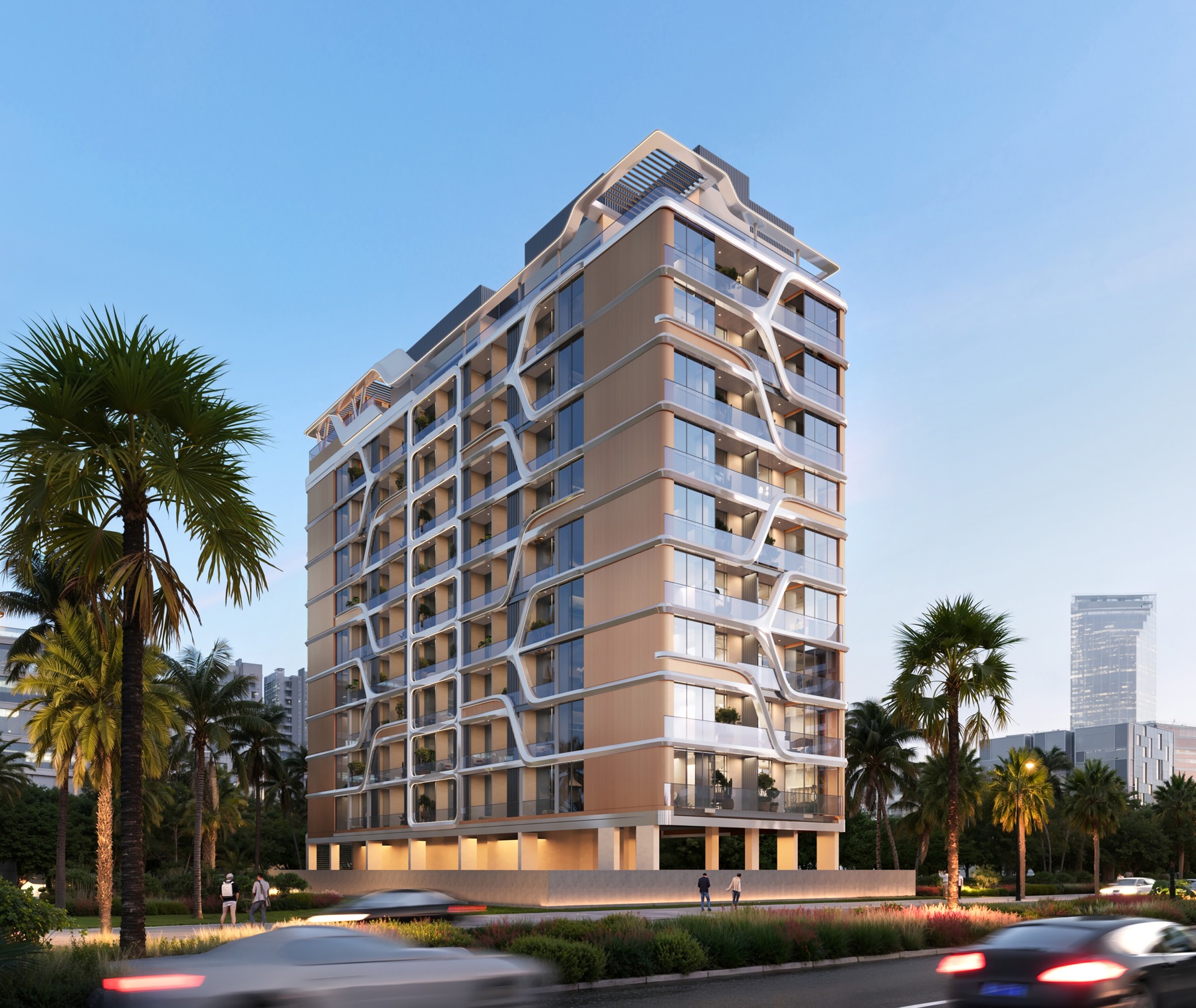 Majan G+9 residential apartments, Dubai architectural render at dusk
