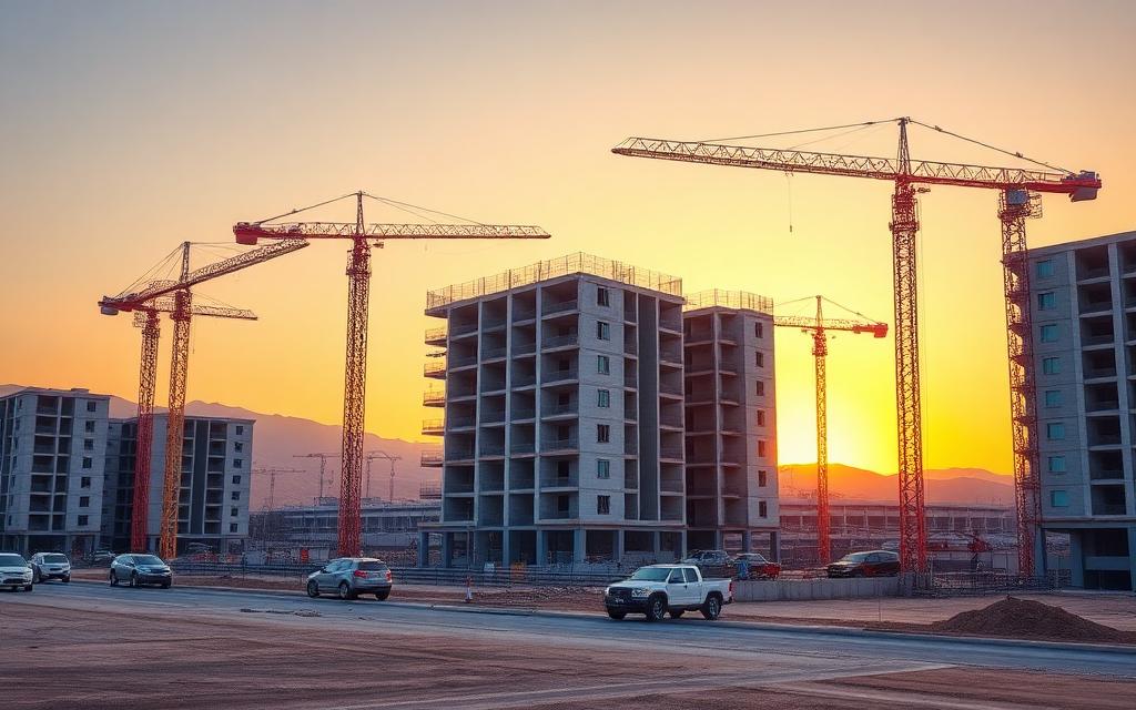 Ground-up development site with tower cranes at golden hour