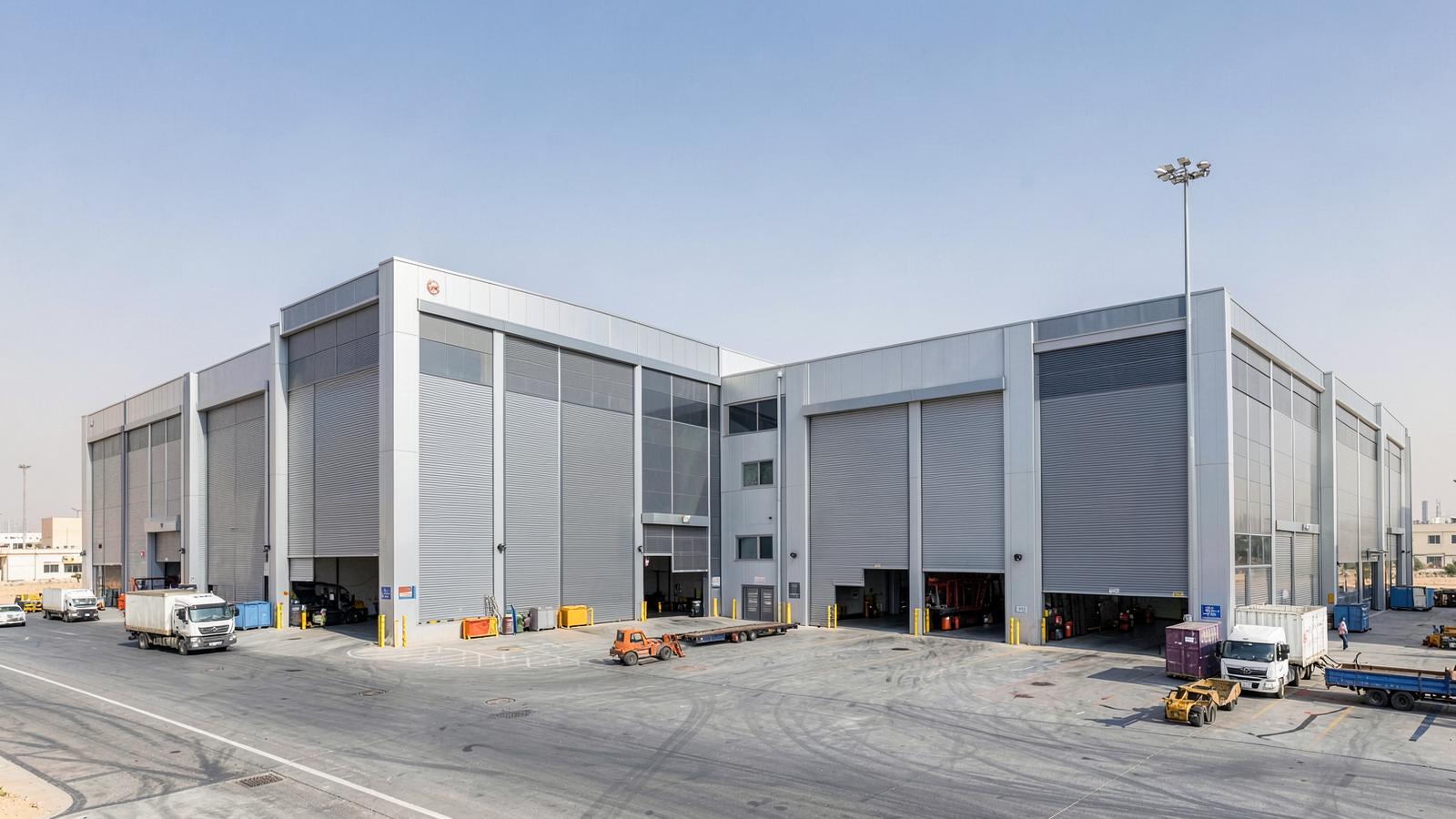 Four adjoining warehouse units with high roller shutter doors in Dubai Investments Park