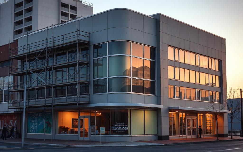 Commercial building mid-renovation with scaffolding and refreshed facade