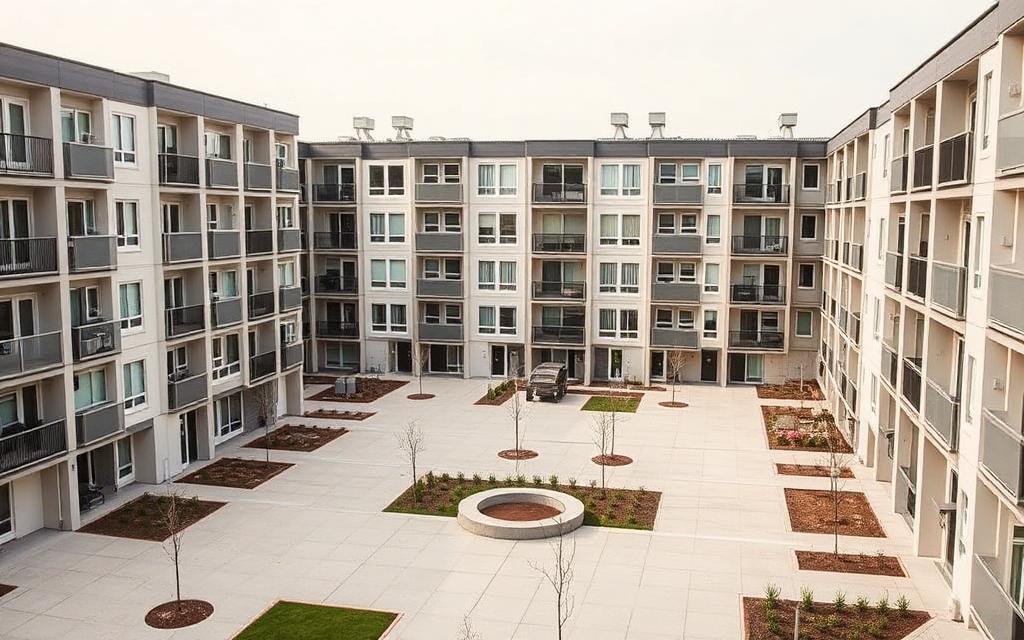 Purpose-built workforce accommodation blocks around a courtyard